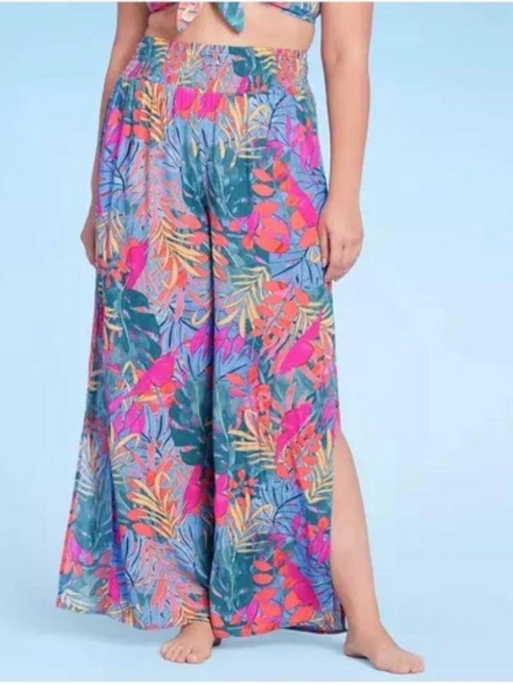 Kona Sol Tropical Wide-Leg Floral Palazzo Pants Swim Coverup- Teal, Pink & Coral
